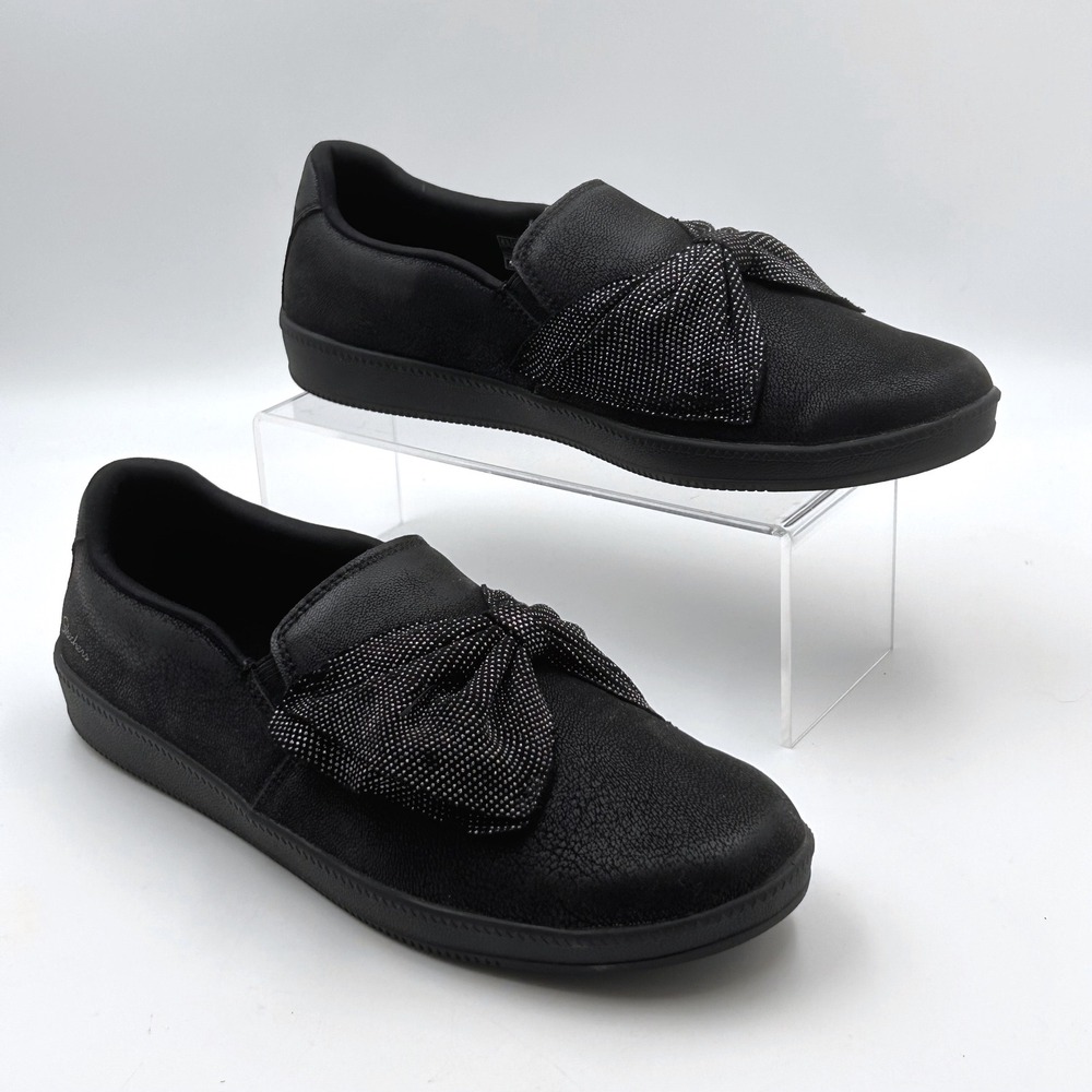 Skechers Madison Ave Sneakers Slip On Womens 8.5 shoes black bow silver specks